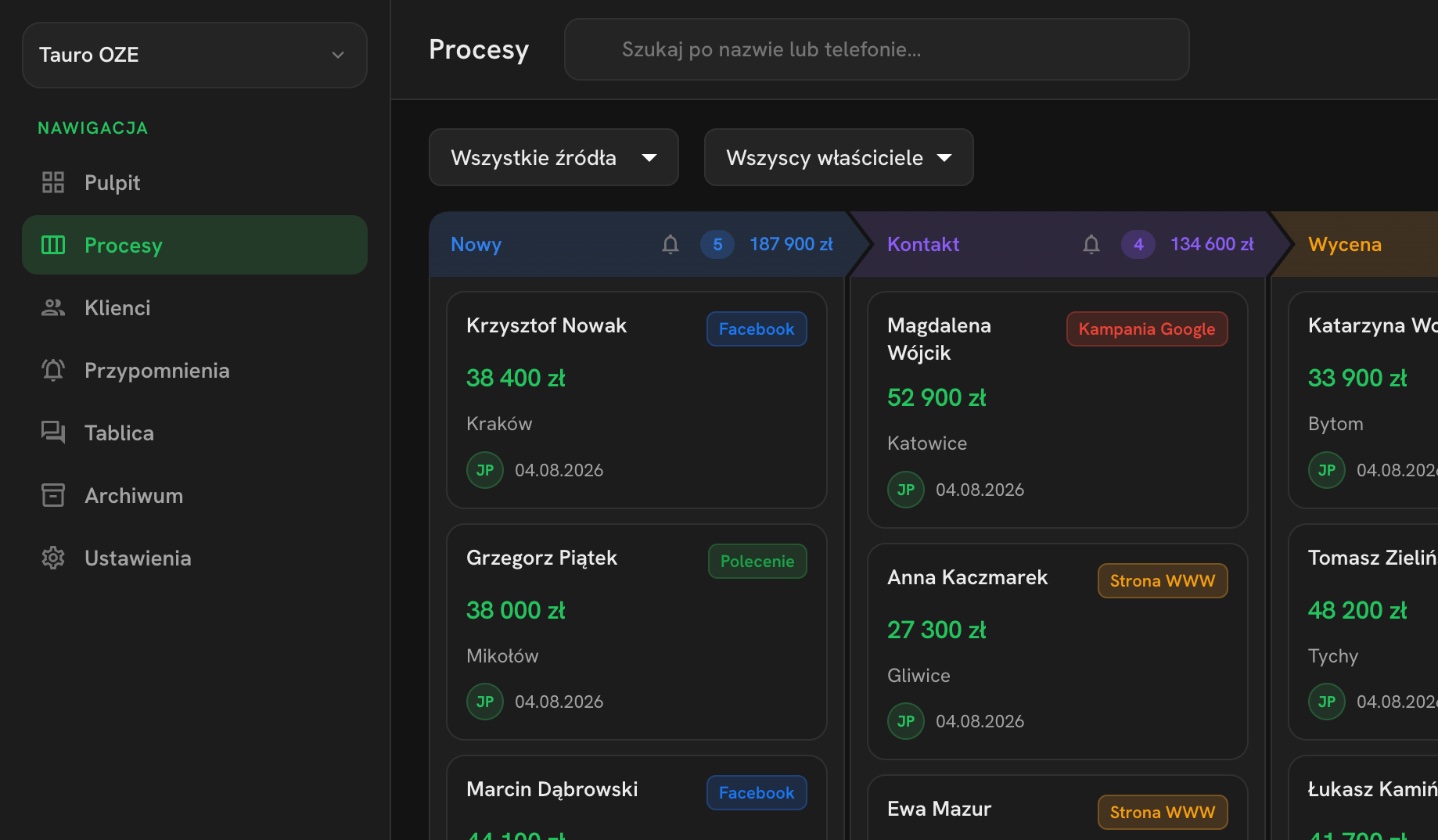Deks — tablica pipeline z leadami, źródłami i wartościami w zł (tryb ciemny)